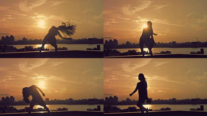 年轻迷人的女孩阳光照耀着飘逸的头发，在日落时舞动芭蕾舞的动作