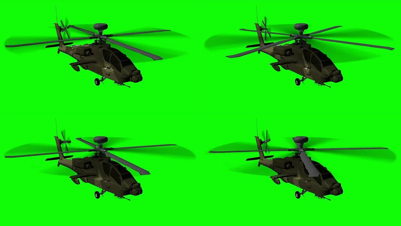 飞行中的武装直升机阿帕奇-绿色屏幕