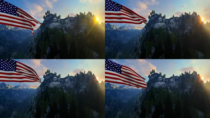 拉什莫尔山 (Mount Rushmore)，美国国旗在蓝天下吹着风