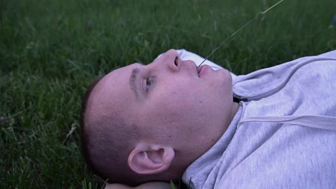 美丽的男人躺在草地上，嘴里拿着草。慢动作