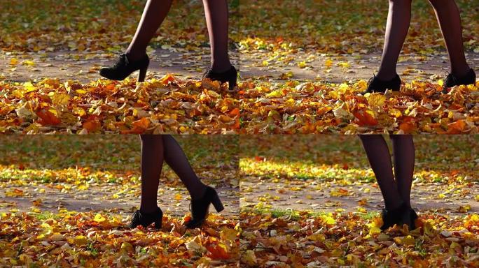 女人长腿，踩和踢落叶，慢动作