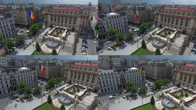 布加勒斯特中心和罗马尼亚国旗的4k无人机射击