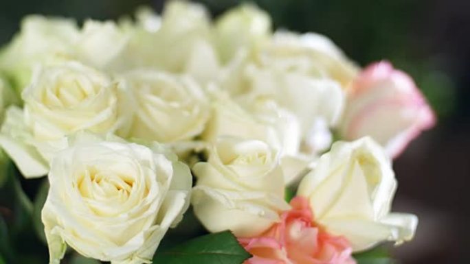 特写镜头，花束在光线中，旋转，花卉组成由白玫瑰组成。背景中有很多绿色植物。神圣之美