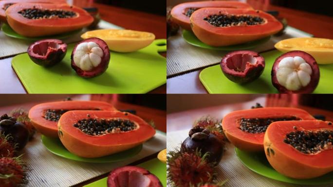 桌上有异国情调的热带水果。泰国水果。特写