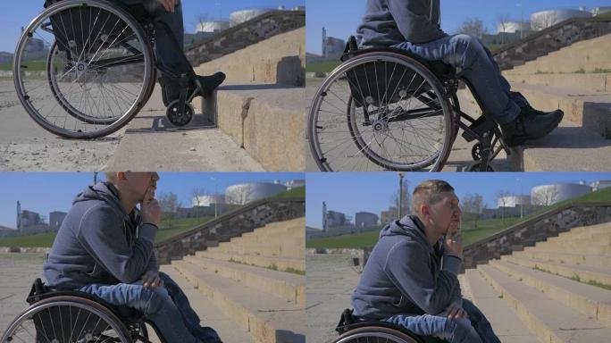 轮椅上的残疾人不能克服障碍，轮椅的台阶，轮椅上的残疾人卡住，移动困难