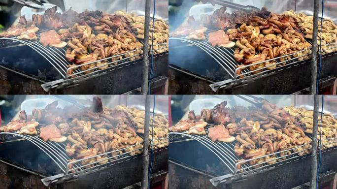 泰国当地市场烤内脏猪肉
