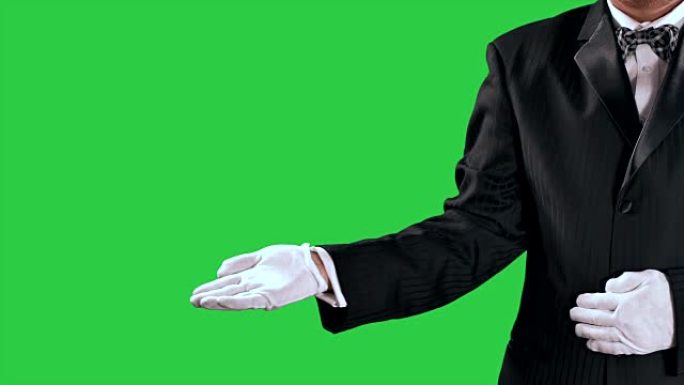 燕尾服人手势，张开的手向中央屏幕显示，绿色屏幕