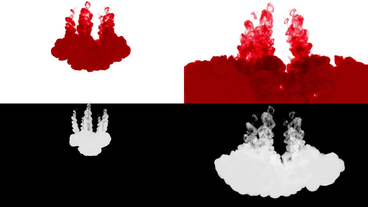 特写镜头。红色在水中旋转并以慢动作移动。用于漆黑的背景或带有烟雾或墨水效果的背景，阿尔法通道用于亮度
