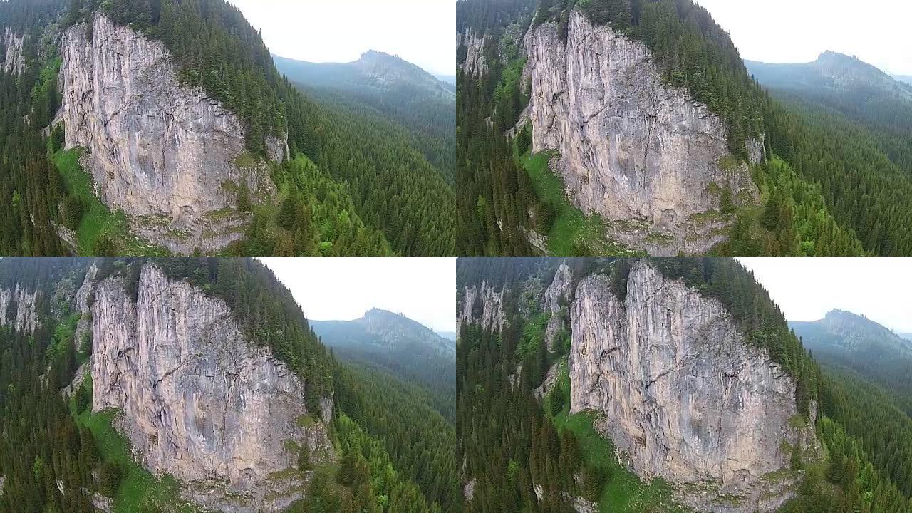 壮观的岩石石灰岩墙覆盖着枞树，扎诺阿加峡谷的高山景观，布吉自然公园，罗马尼亚，空中无人机拍摄