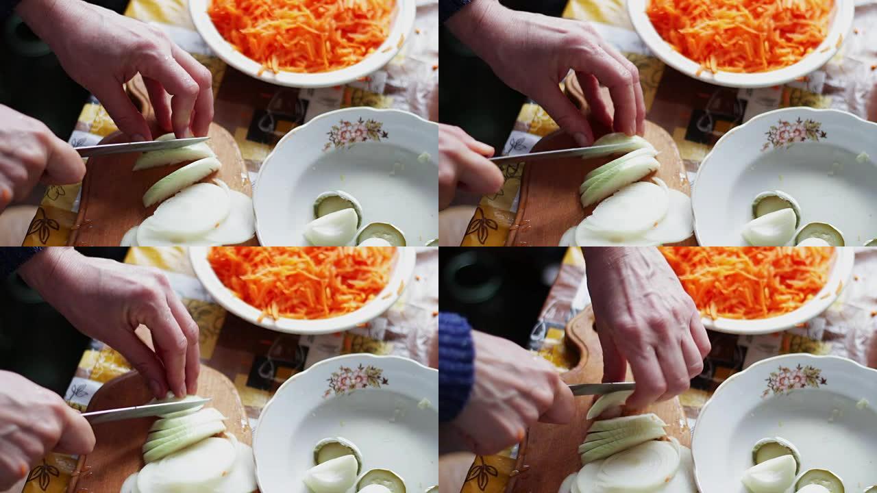 厨师用刀切洋葱