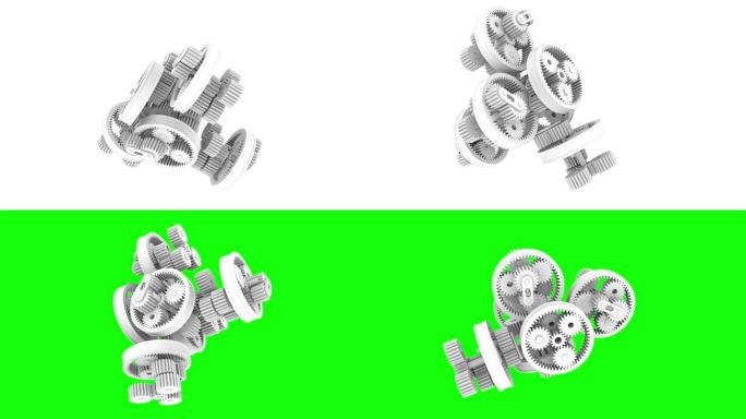 白色齿轮循环旋转。全高清3d渲染