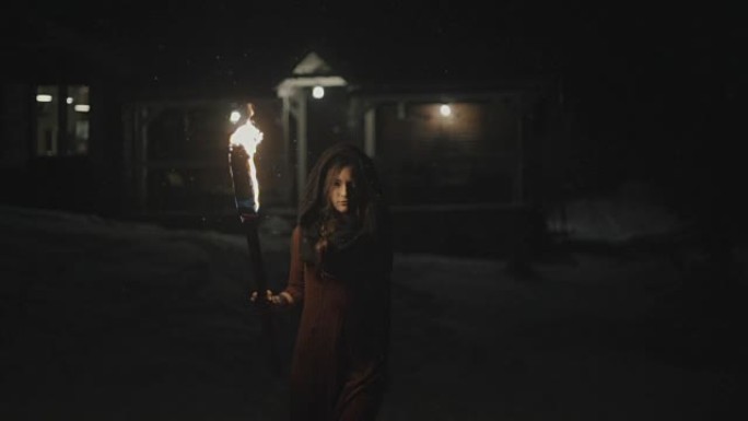 一个年轻神秘女子在黑暗中手持火炬的肖像。