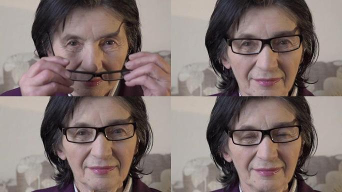 戴着眼镜，看着相机的老妇人的特写肖像。慢慢地