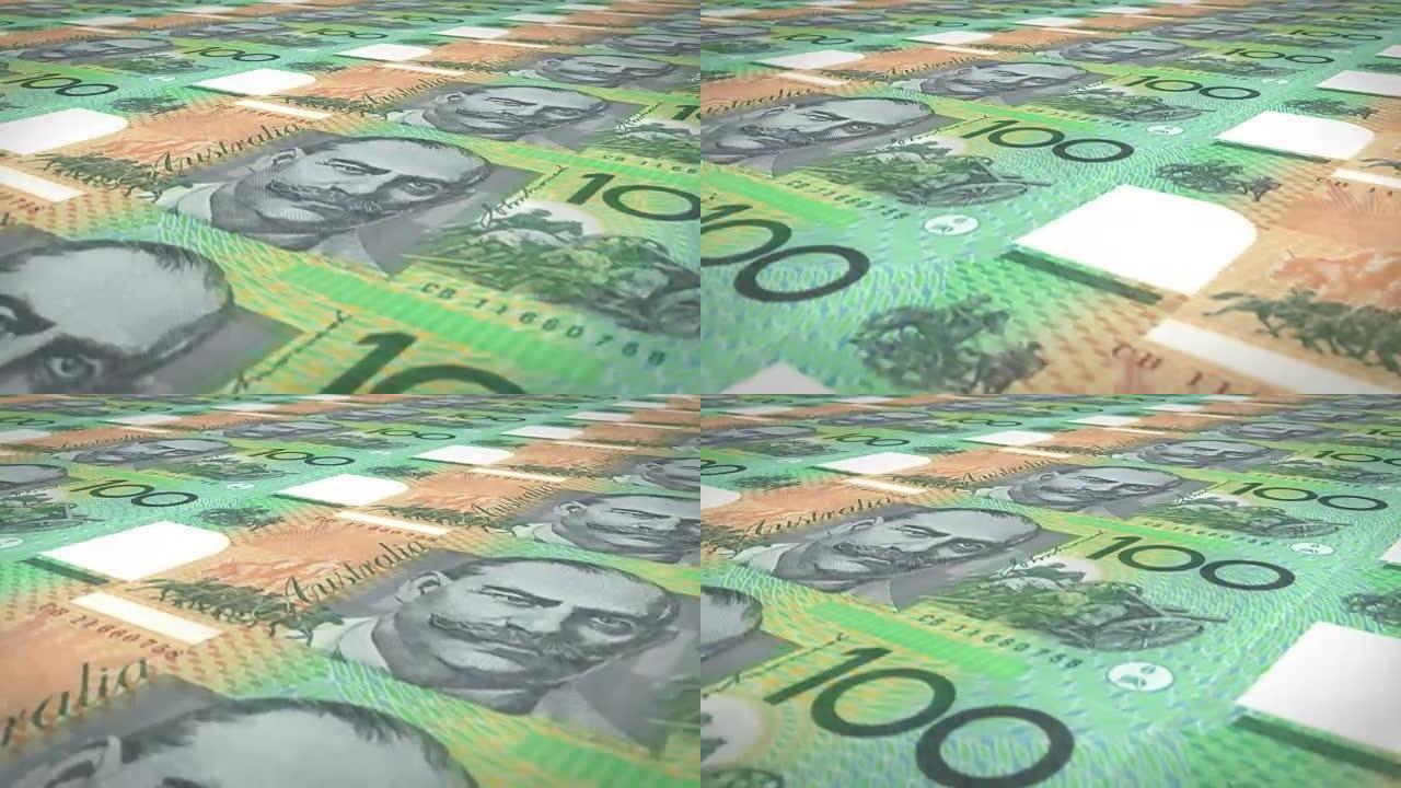 100澳元的钞票在屏幕上滚动，现金，循环