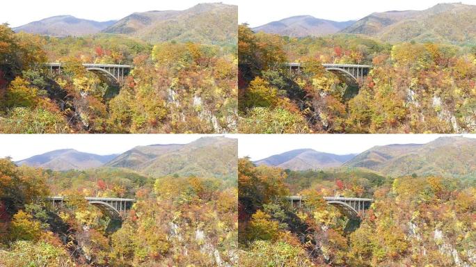 日本鸣子峡谷的秋天颜色和漂亮的蓝色和云背景