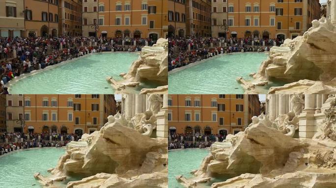 意大利罗马城市夏日著名特雷维喷泉拥挤广场全景4k