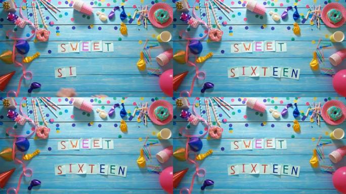 顶视图人把甜蜜的十六字放在桌子上，带有生日装饰