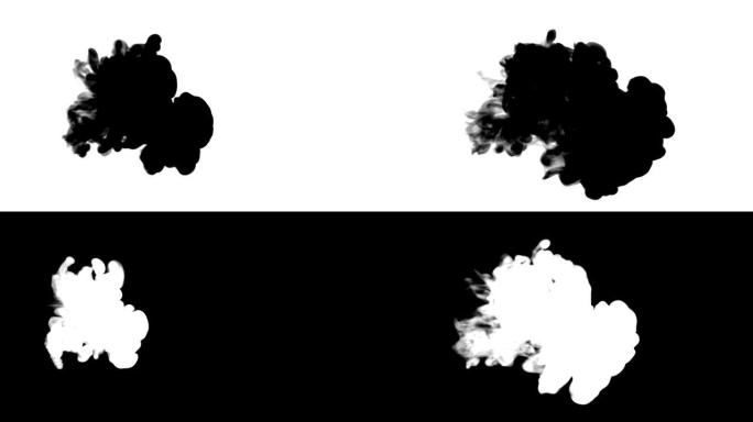 大量黑色墨水流到白色上，以慢动作，墨水或烟雾注入。黑色染料在水中混合，可产生墨黑或烟熏的背景或墨水效