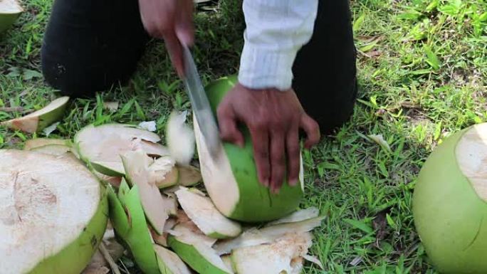 男人剥了一个大的绿色椰子