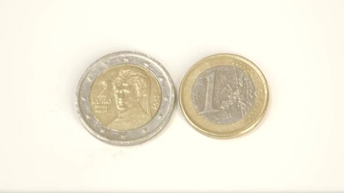 桌上有一枚两欧硬币和一欧硬币