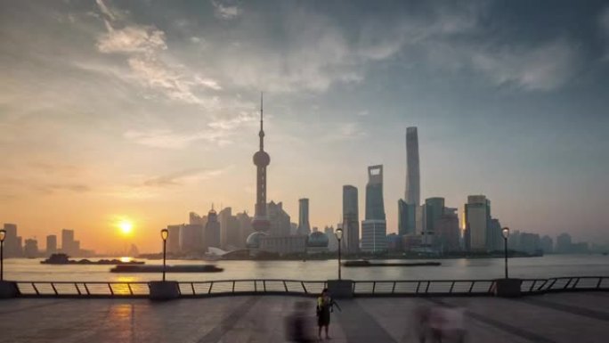 中国日落上海城市著名的河湾市中心全景4k延时
