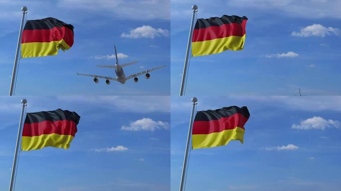 挥舞着德国国旗的商用飞机降落在后面