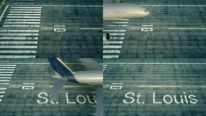到达圣路易斯机场的大飞机的鸟瞰图。赴美旅行概念性介绍动画