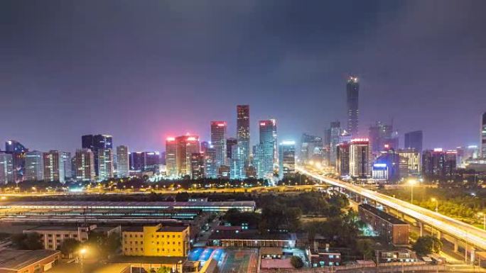 建外SOHO的时间流逝，中国北京夜间的CBD天际线