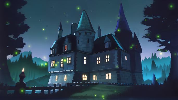 黑暗城堡幽暗夜晚视频背景恐怖森林屋子