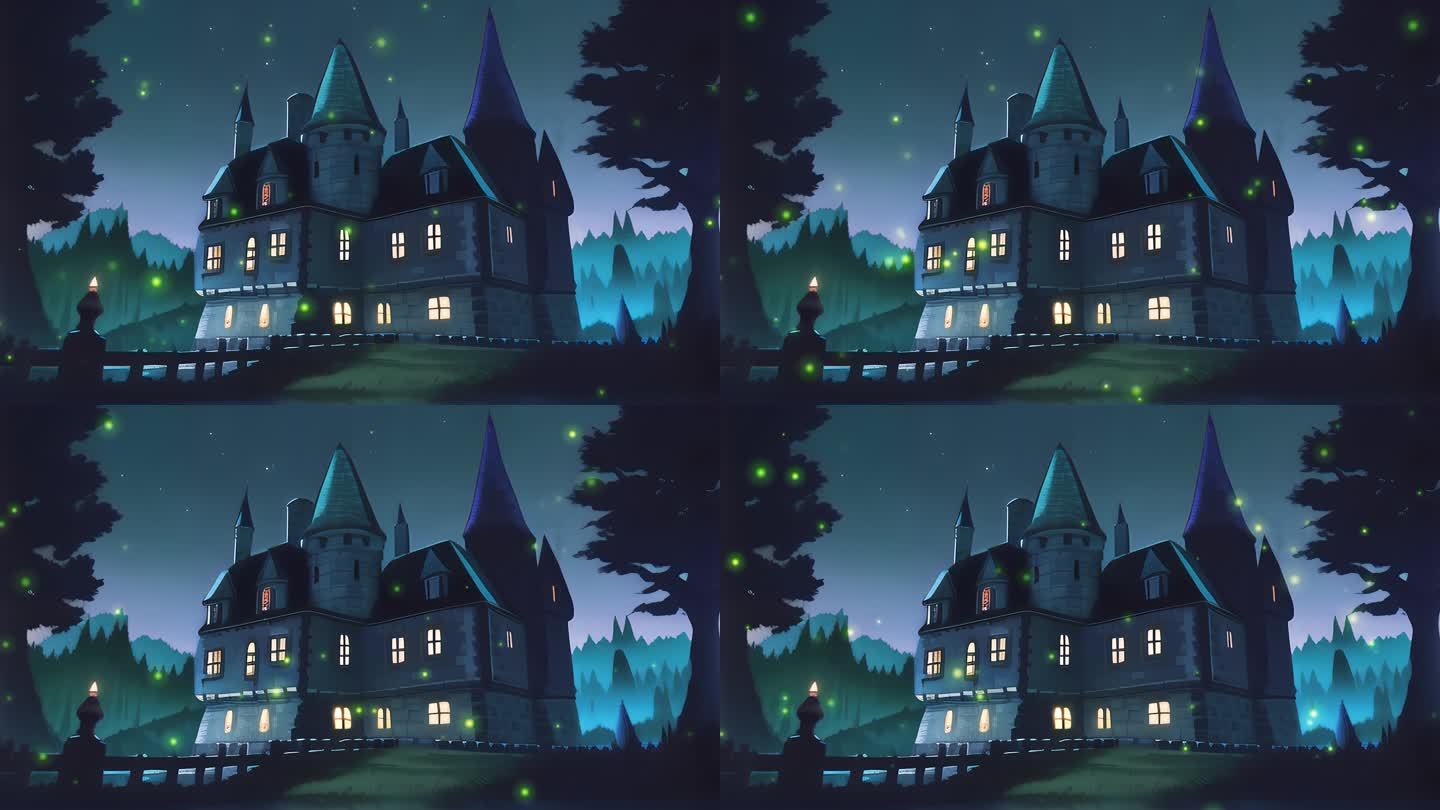 黑暗城堡幽暗夜晚视频背景恐怖森林屋子
