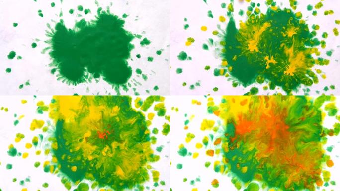 不同颜色的水滴并混合在白色背景上