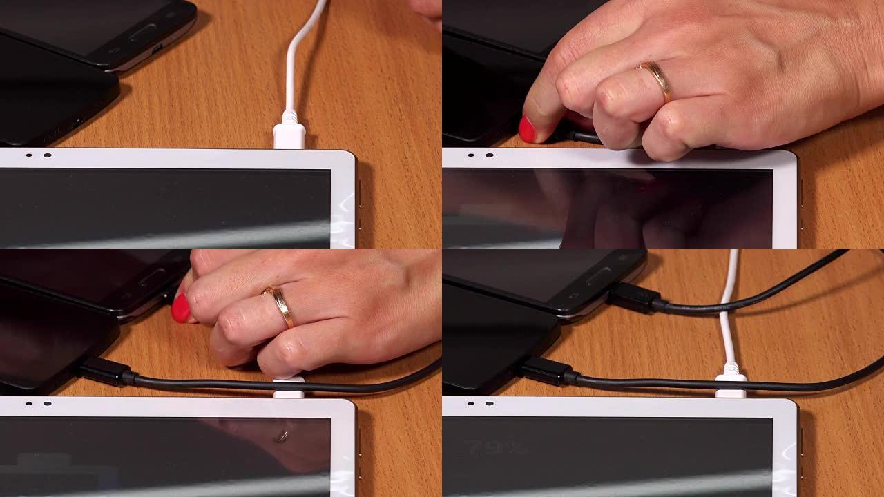 手动将微型usb电缆连接到平板电脑和手机插头