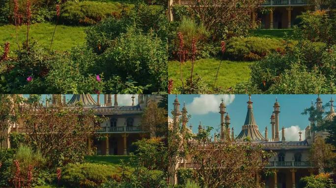 在阳光明媚的日子里，英国布莱顿皇家馆的特写倾斜镜头