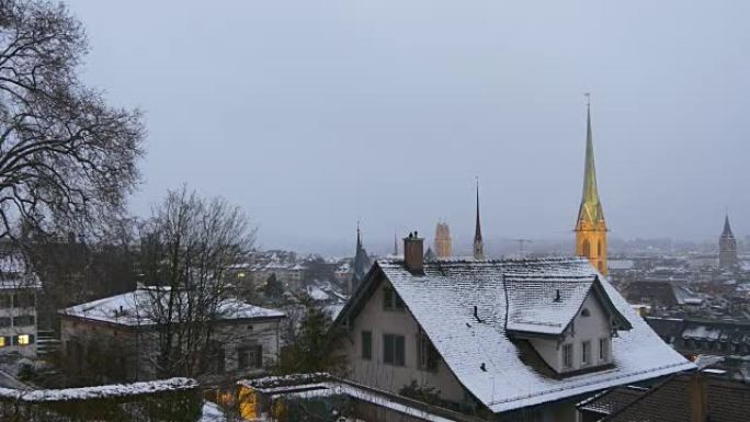 瑞士暮光之城冬季著名苏黎世视点雪城景观全景4k