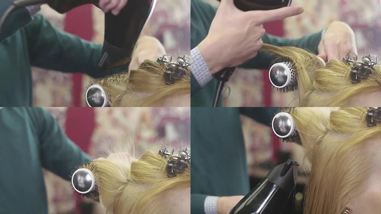 理发师在美容院用梳子和吹风机将头发根部提升到金发女孩。制作发型