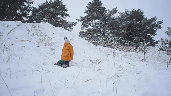 孩子骑着雪山在冬季公园，女孩笑了，美丽的冬季风景。