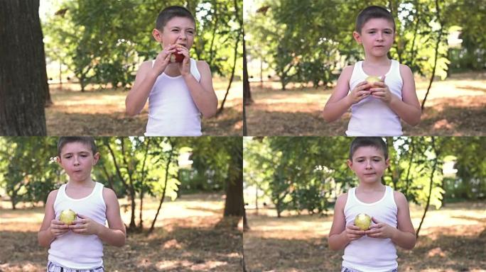 在公园吃苹果的小男孩