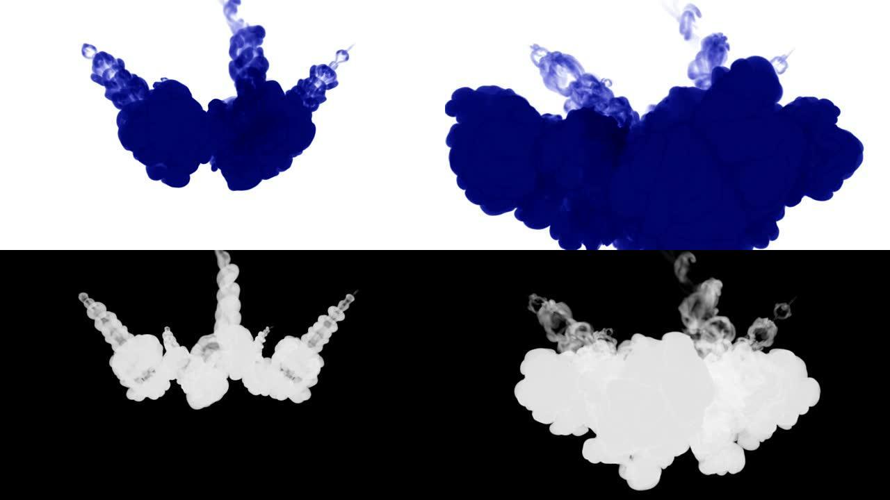 大量流动的孤立的蓝色墨水注入。蓝色大量流动的孤立蓝色墨水注入。彩色气泡在水中，以慢动作拍摄。用于带有