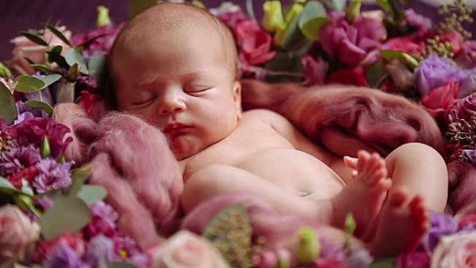 可爱的新生女婴睡在花