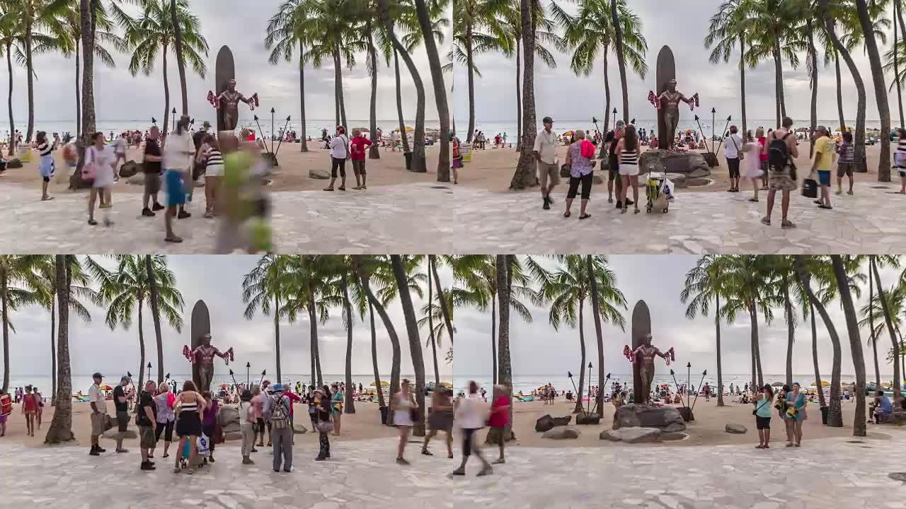 檀香山威基基海滩上的公爵雕像人群-相机平移右