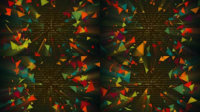 闪亮的彩色三角形飞翔。无缝循环抽象3d渲染动画
