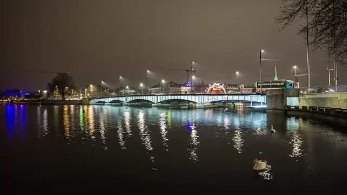 瑞士夜灯苏黎世湖名城桥全景4k延时