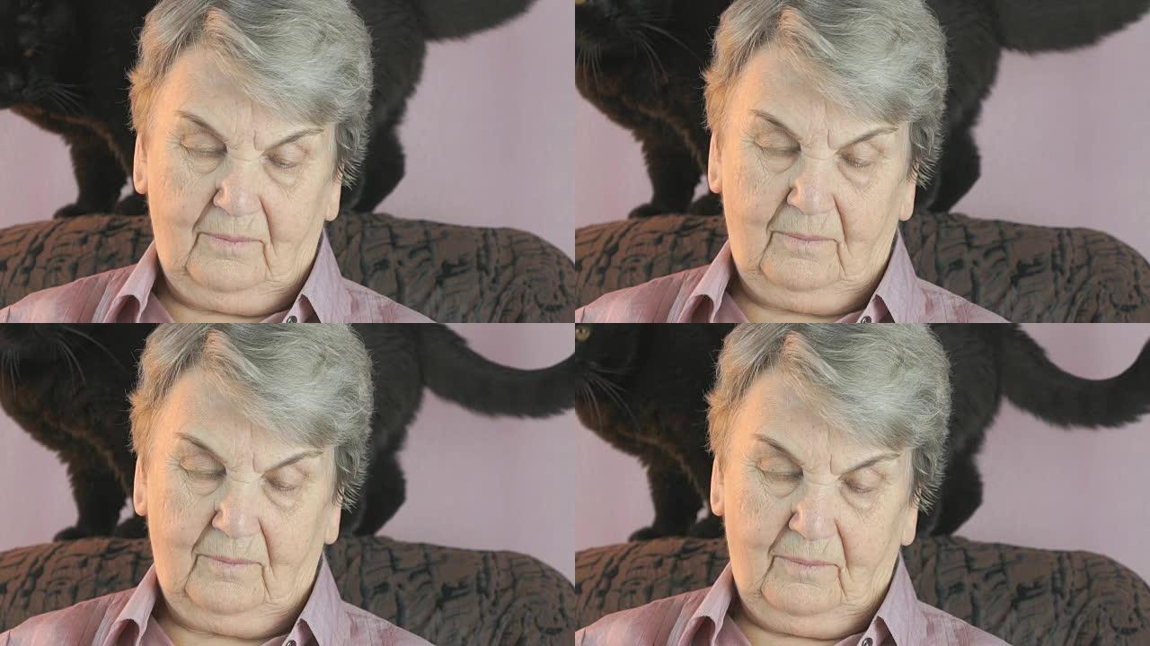 老年妇女坐在一只黑猫旁边的扶手椅上