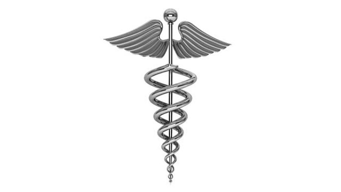医疗保健概念。银色医疗Caduceus符号