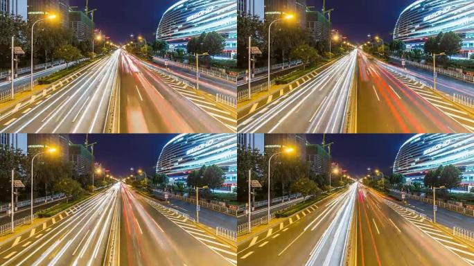 中国北京市夜间繁忙的高速公路交通的时间流逝