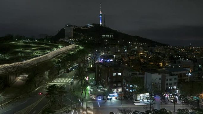 韩国首尔市电视塔日落夜时间流逝