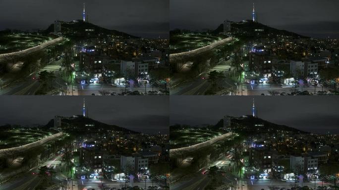 韩国首尔市电视塔日落夜时间流逝
