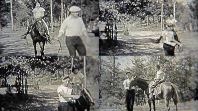 1937: 女孩在森林里上骑马课。