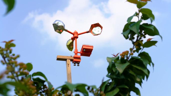 原创实拍樱桃园里的驱鸟设备近景