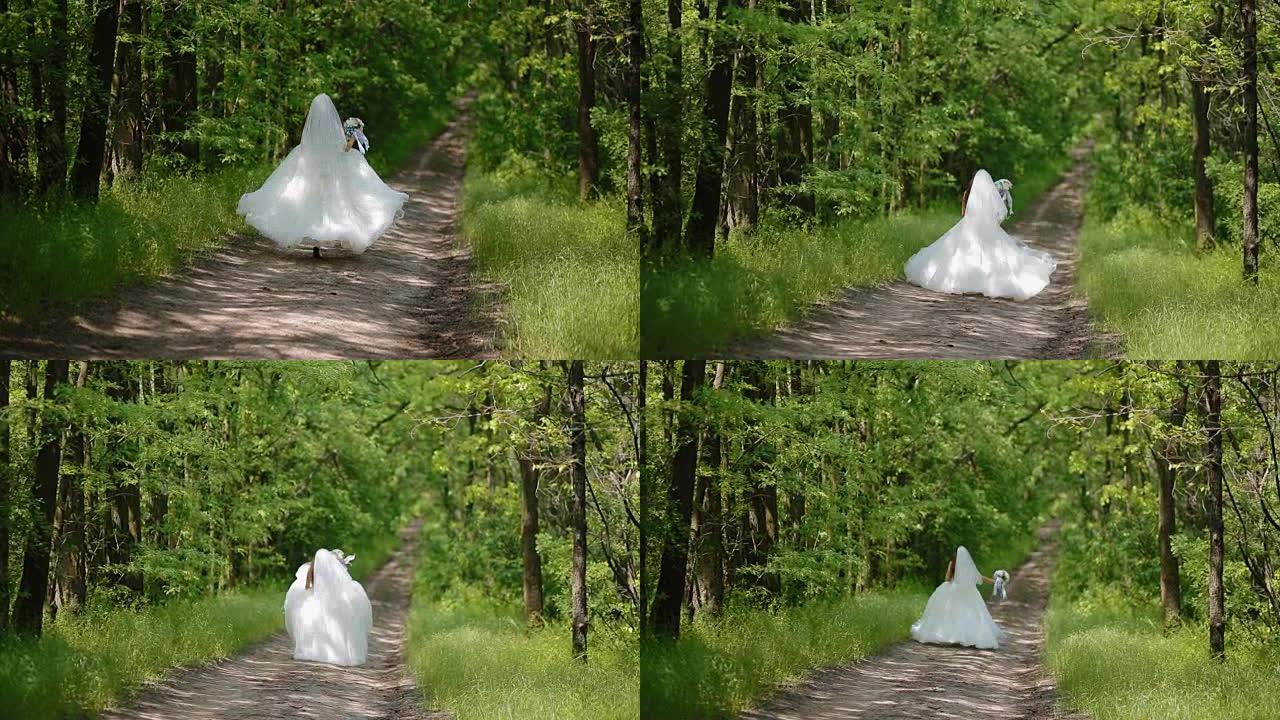 快乐的新娘在树林里的小路上跳跃
